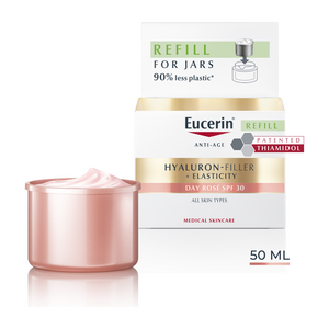 Eucerin Hyaluron-Filler + Elasticity, Bőrtömörséget regeneráló nappali arckrém Rose SPF30 öko utántöltő 50ml kép