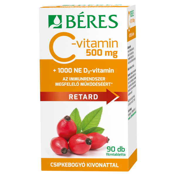 Béres C-vitamin 500 mg Retard filmtabletta csipkebogyó kivonattal + 1000 NE D3-vitamin 90 db - Kép 3