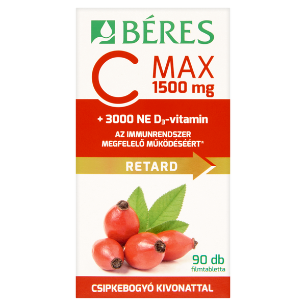 Béres C MAX 1500mg RETARD filmtabletta csipkebogyó kivonattal + 3000NE D3-Vitamin 90db - Kép 1