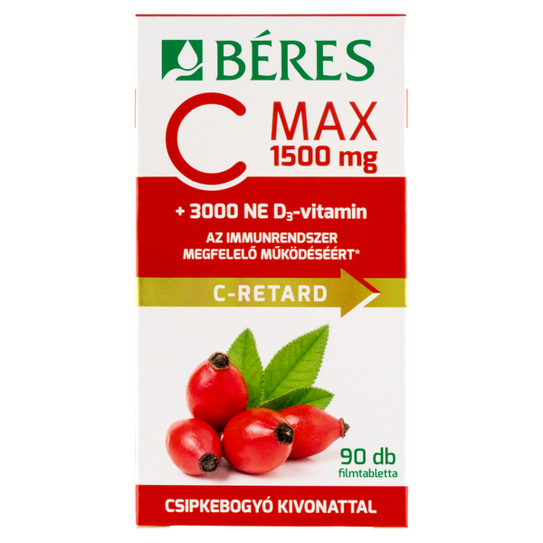 Béres C MAX 1500mg RETARD filmtabletta csipkebogyó kivonattal + 3000NE D3-Vitamin 90db - Kép 1